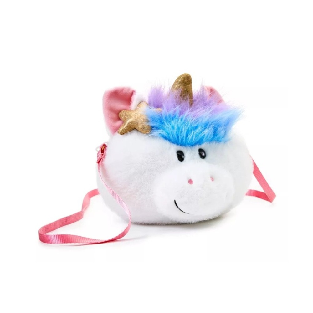 FAO Schwarz Cliqs Plush Unicorn Purse White Faux Fur Crossbody Bag Gold Horn